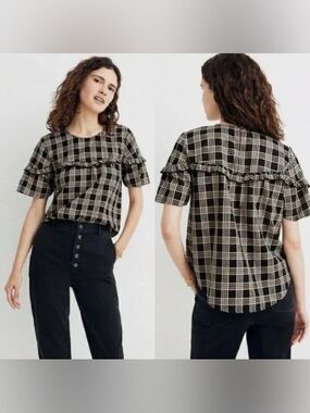 Madewell Ruffle-Yoke Top in Metallic Plaid Black Beige Size XL